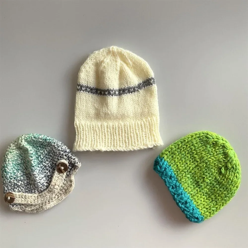 Lot of 3 Handmade Knit & Crochet Baby Beanie Hats – Unisex